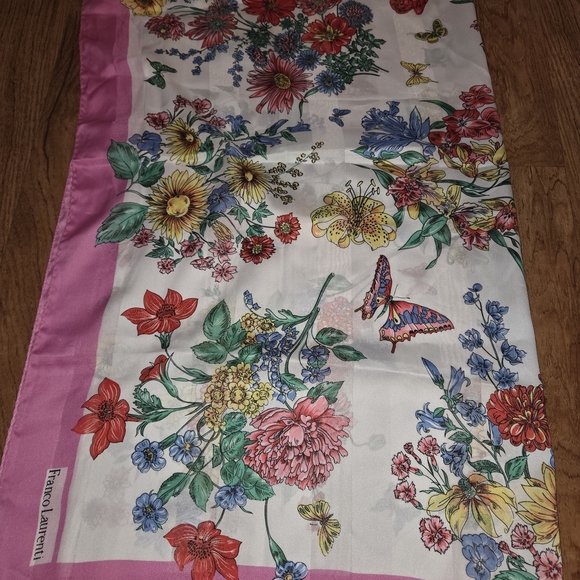 Franco Laurenti Scarf Butterfly Flowers Pink Boarder Made In Italy - Picture 1 of 5